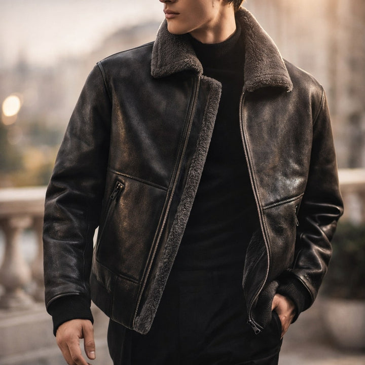 Men's insulated jacket showing the collar and zip fastening