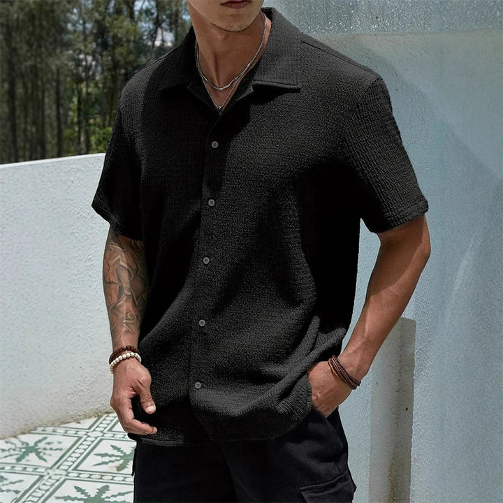 Men's Textured Cuban Collar Button-Front Shirt