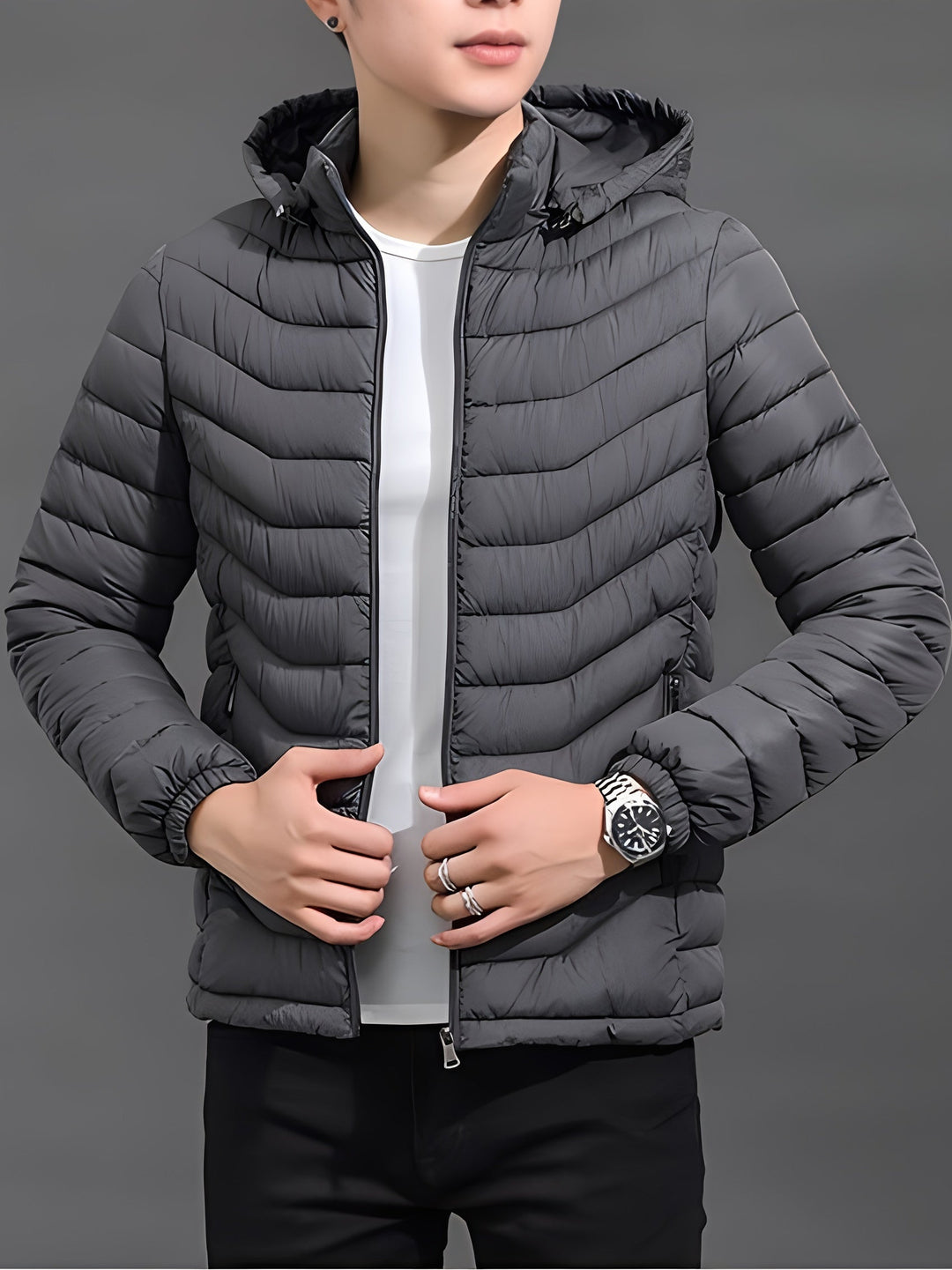 Side view of a lightweight quilted men's jacket