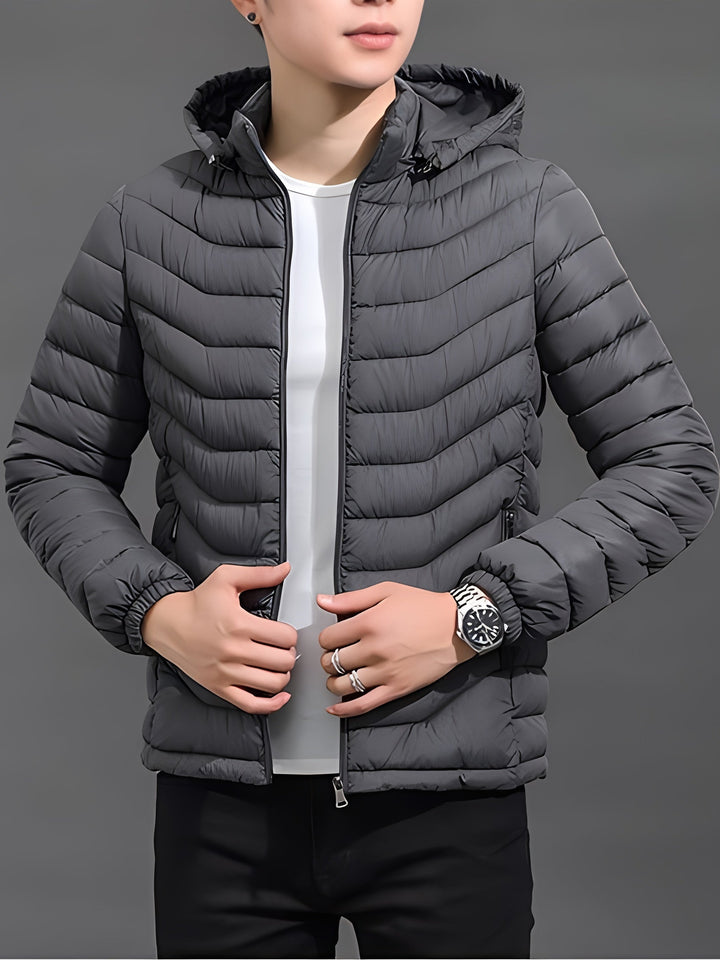 Side view of a lightweight quilted men's jacket
