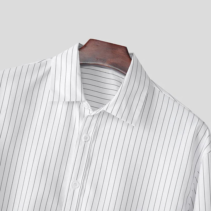 Men's Striped Breathable Loose Fit Long Sleeve Shirt White