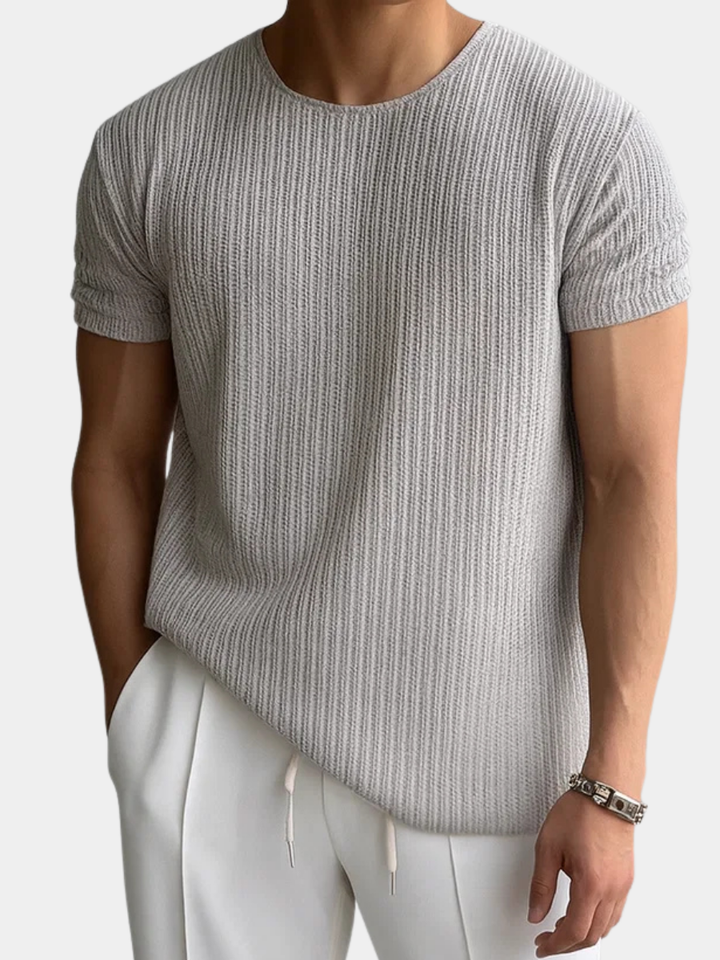 Rib-Knit Crewneck Cuffed Sleeve T-Shirt