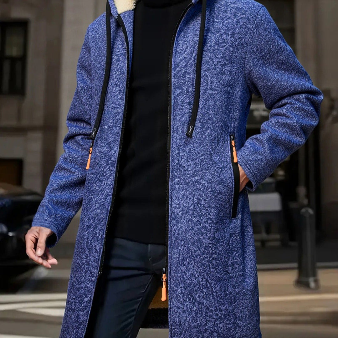 Men's long coat with a hood and warm lining