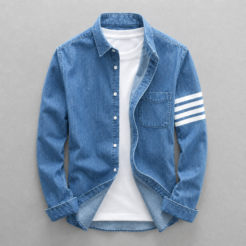 Men's tailored fit denim shirt in washed blue, angled view