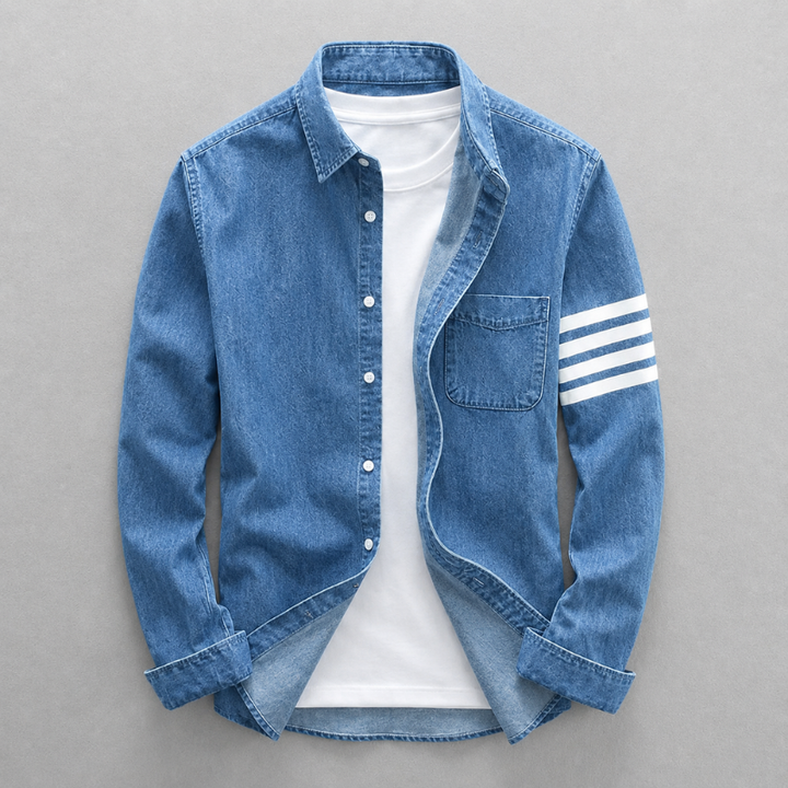 Men's tailored fit denim shirt in washed blue, angled view