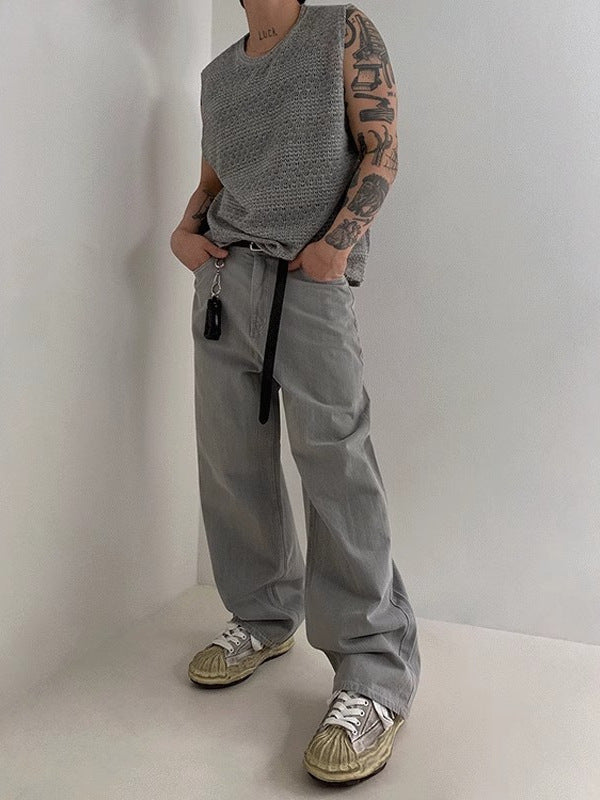 Men's sleeveless open knit vest in a relaxed fit from the back