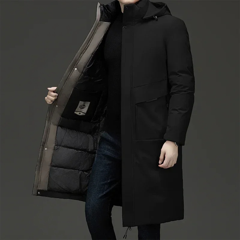 Front view of a men's long hooded quilted coat