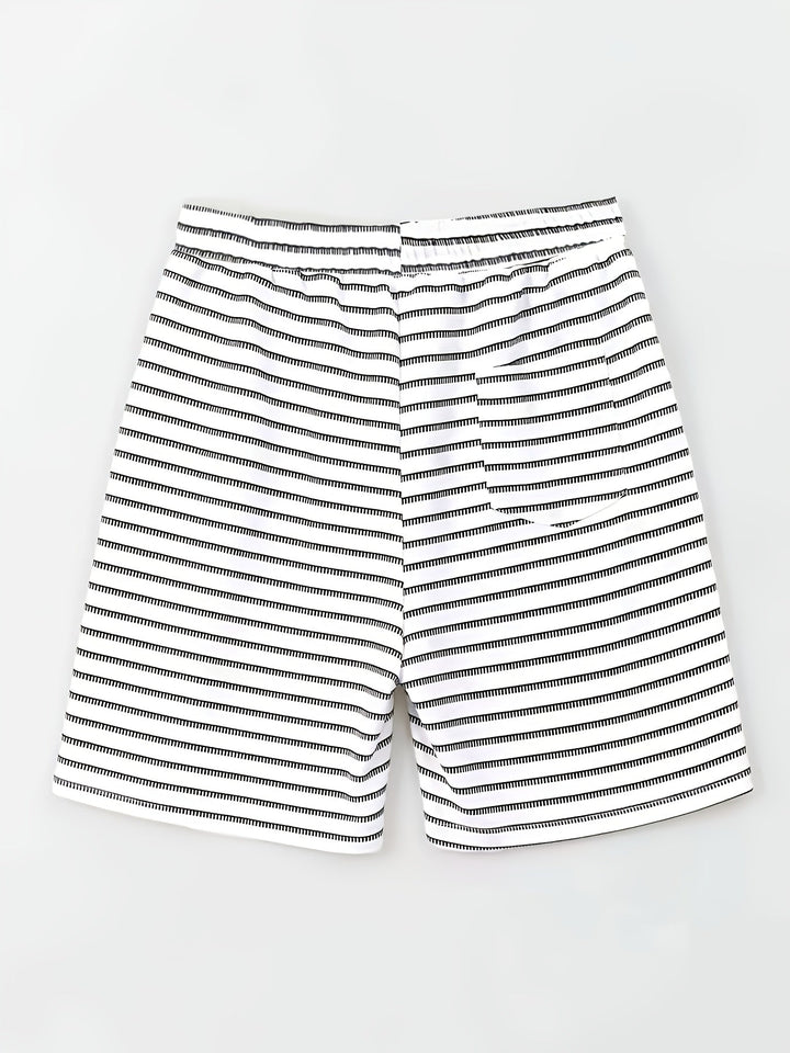 Men's stripe waffle knit shorts styled on a model from the back