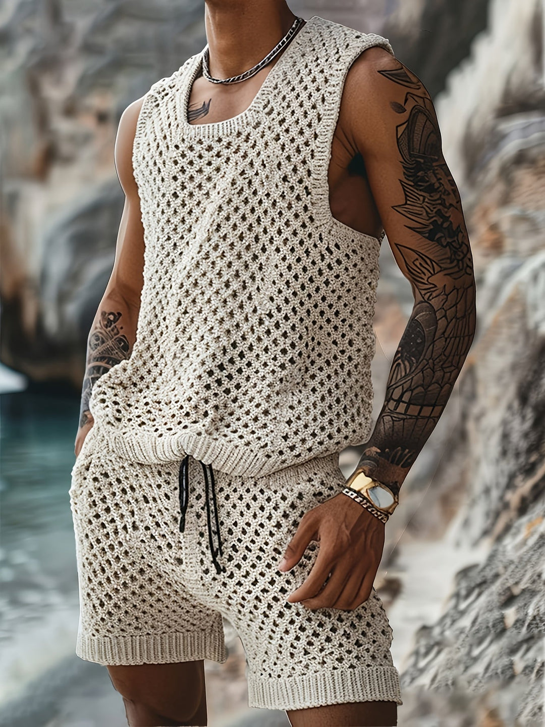 Rear view of men's crochet knit matching tank and shorts set