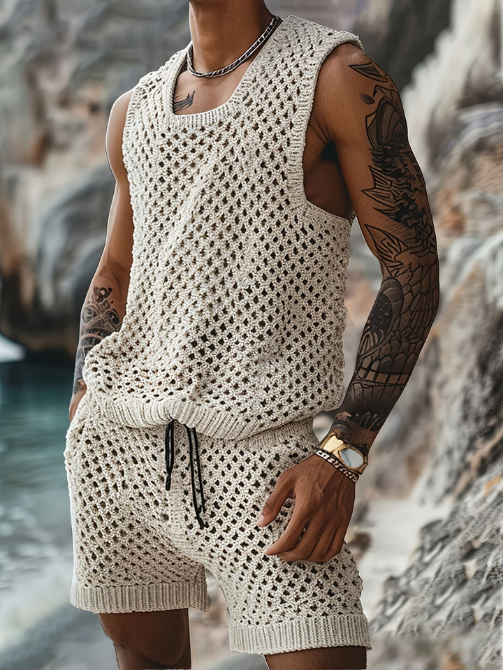 Rear view of men's crochet knit matching tank and shorts set