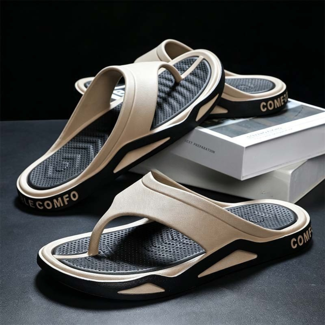 Pair of men's casual recovery sandals shown from above on a plain background