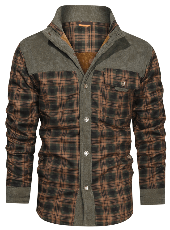 Front view of a men's plaid flannel jacket