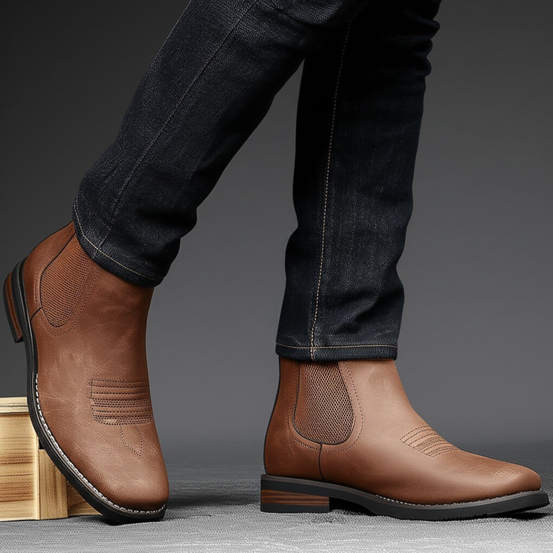 Close-up of the stitching on classic leather boots