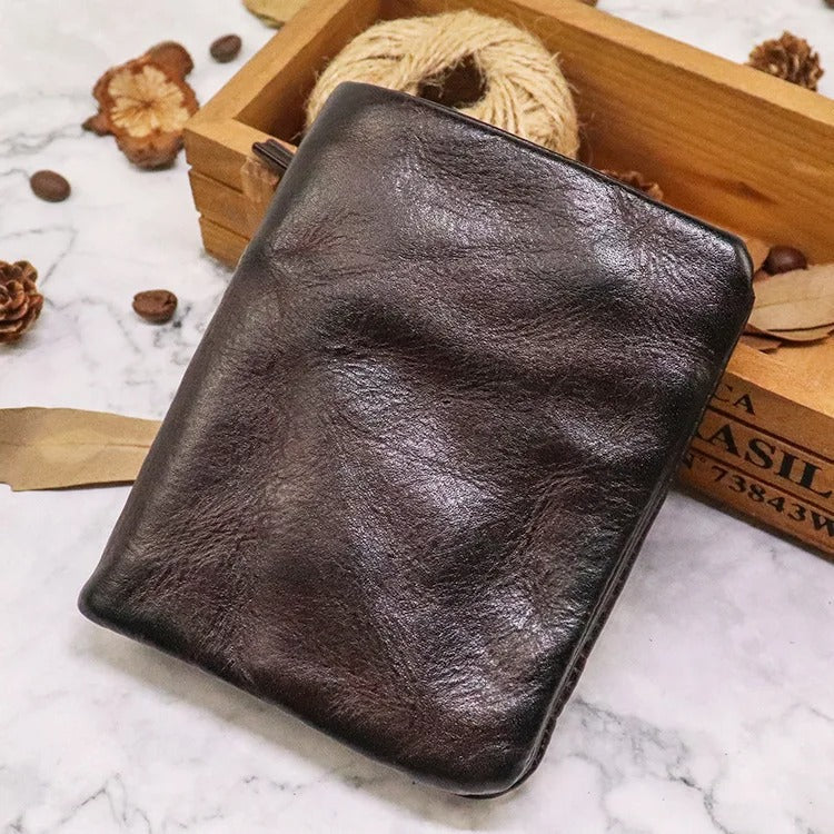 Leather Folded Wallet With Brass Snap Closure