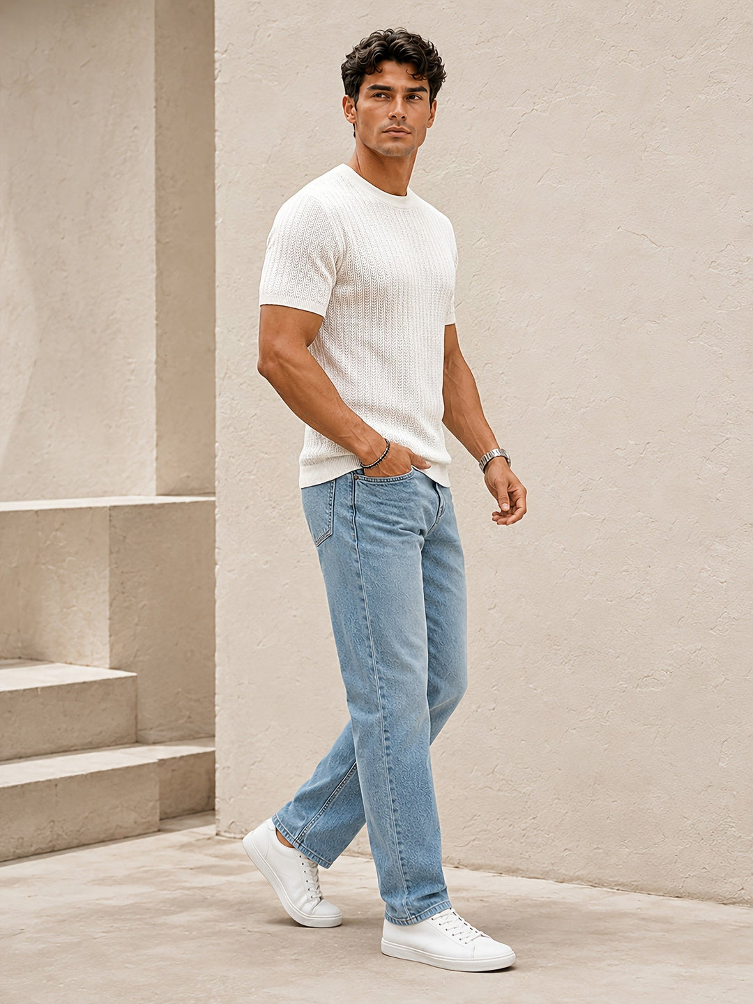 Men's textured knit T-shirt relaxed fit shown on model