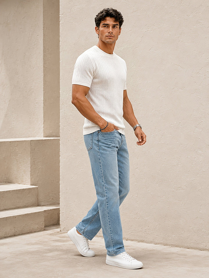 Men's textured knit T-shirt relaxed fit shown on model