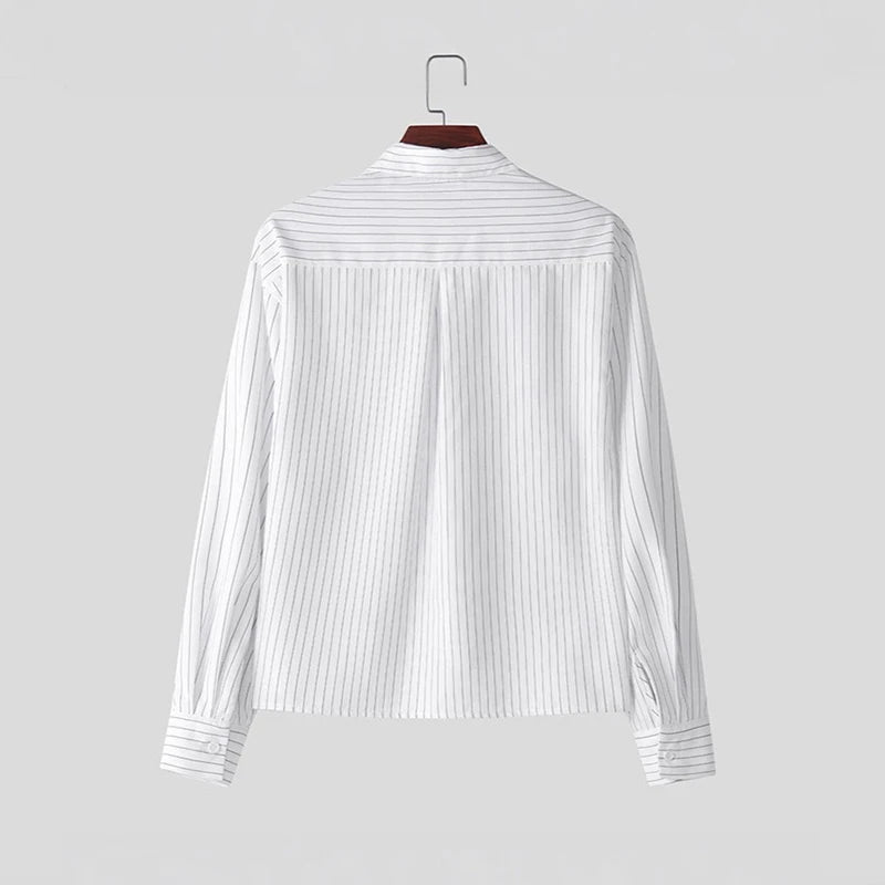 Men's Striped Breathable Loose Fit Long Sleeve Shirt White