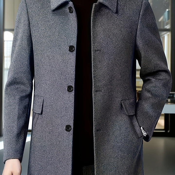 Men's classic single-breasted long coat shown from the front