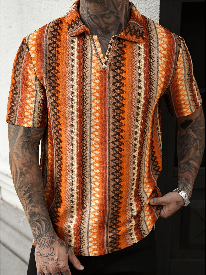 Men's Aztec jacquard polo shirt front view on a plain background