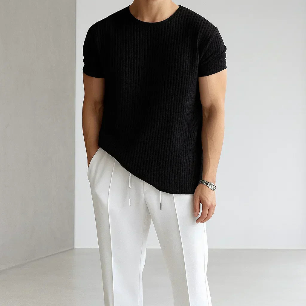 Rib-Knit Crewneck Cuffed Sleeve T-Shirt