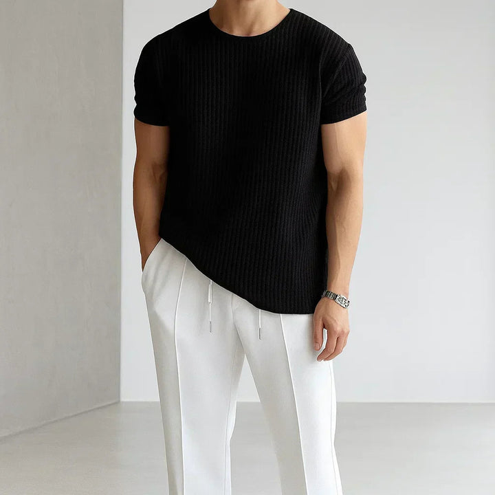 Rib-Knit Crewneck Cuffed Sleeve T-Shirt