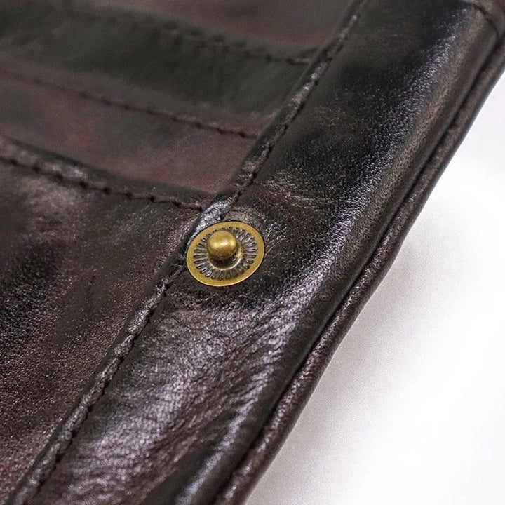Leather Folded Wallet With Brass Snap Closure