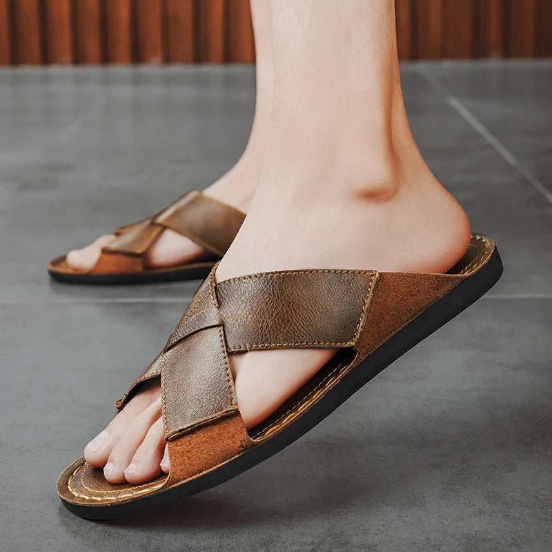 Men's Leather Open Toe Home Slippers Plus Size Black Brown