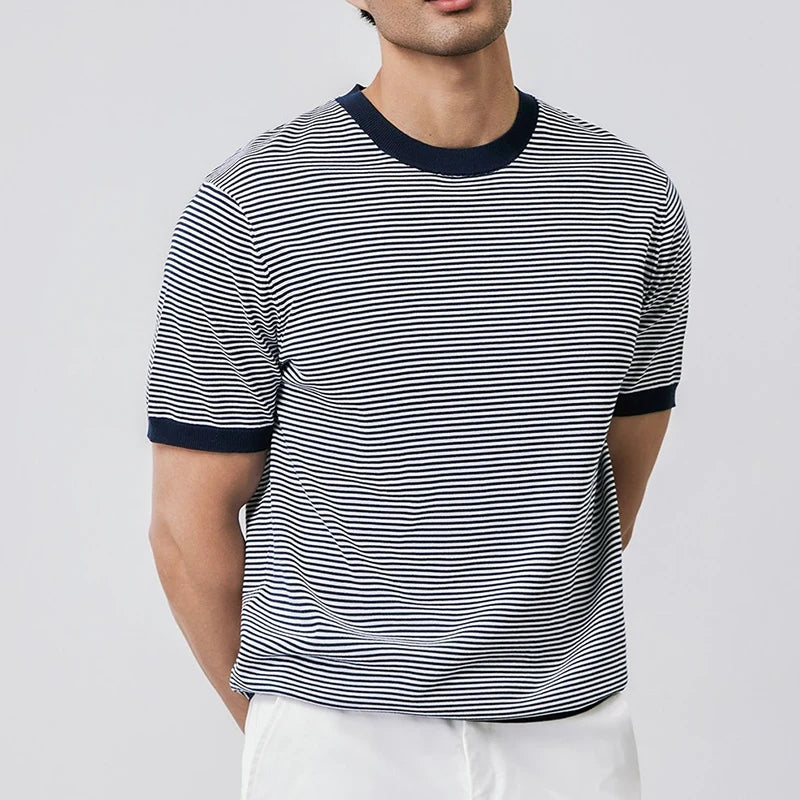 Men Striped Knit Slim-Fit T Shirt Navy Blue Green
