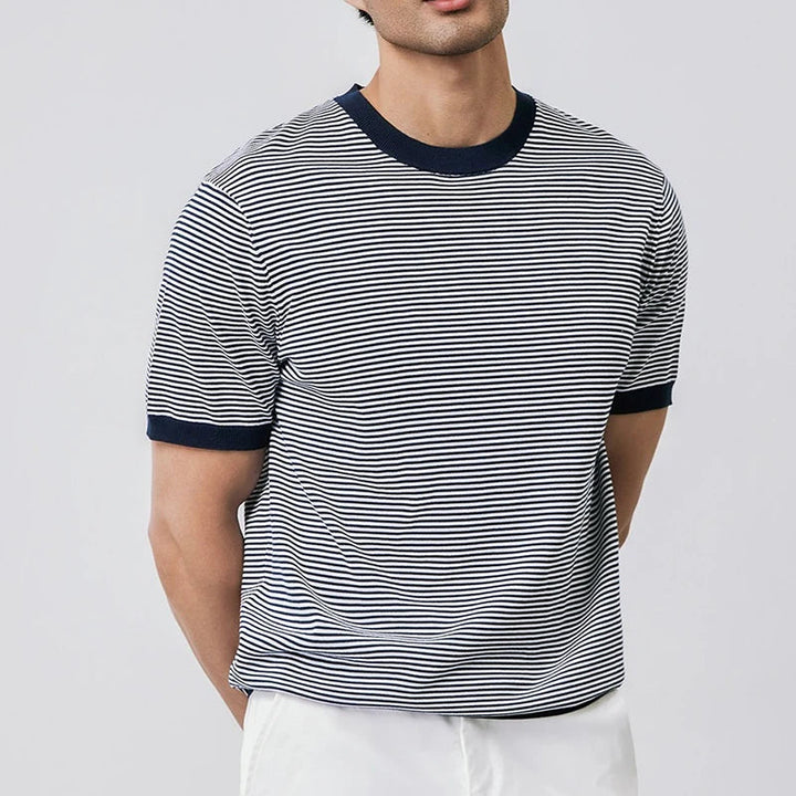 Men Striped Knit Slim-Fit T Shirt Navy Blue Green
