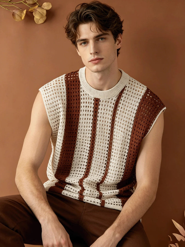 Men's Hollow Out Striped Knit Vest Loose Fit Sleeveless Sweater