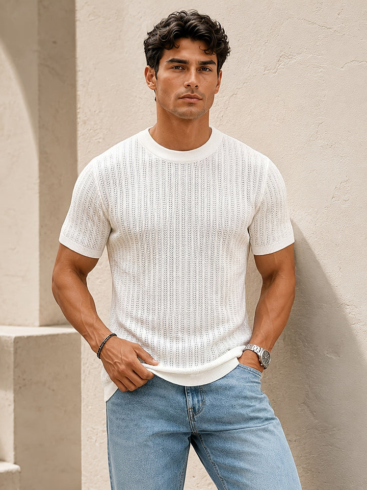 Men's textured knit T-shirt showing crew neck and shoulder detail