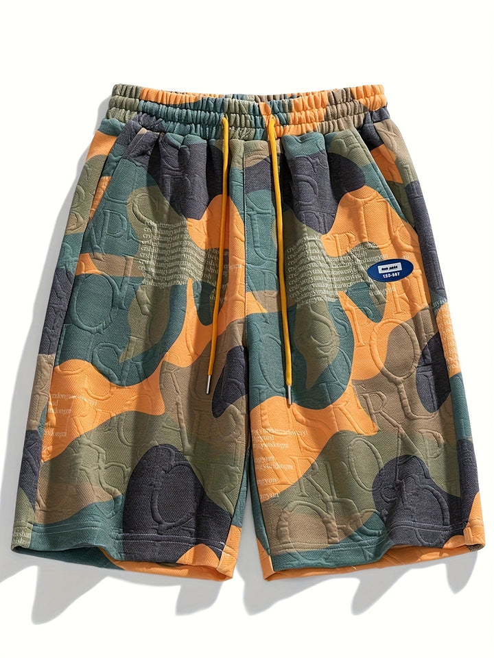 Waist detail of men's camo shorts with relaxed fit silhouette