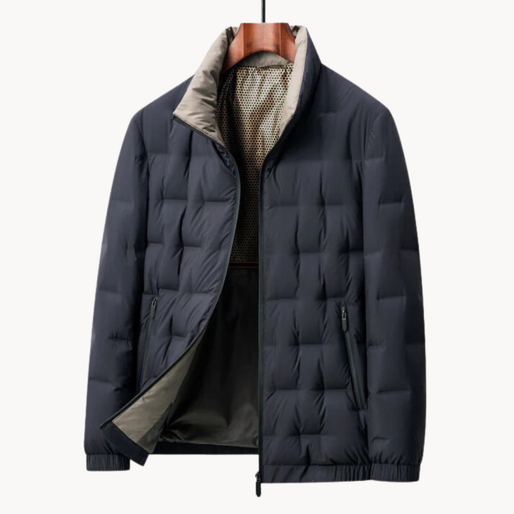Close-up of the quilted texture on a lightweight men's jacket