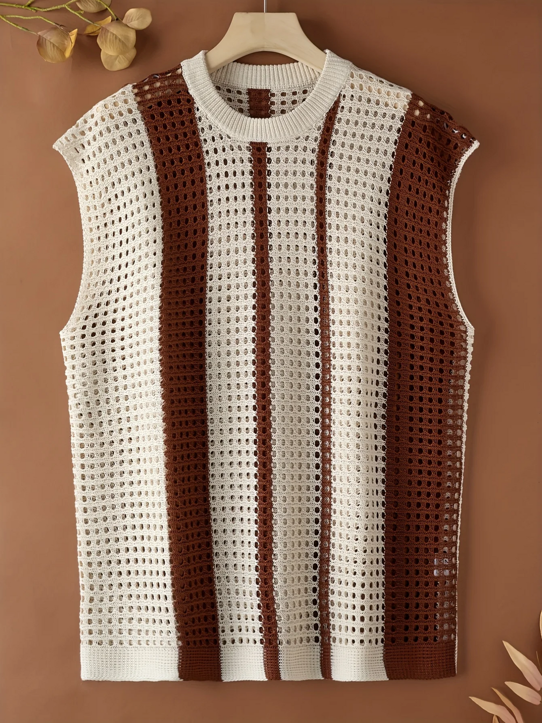 Men's Hollow Out Striped Knit Vest Loose Fit Sleeveless Sweater