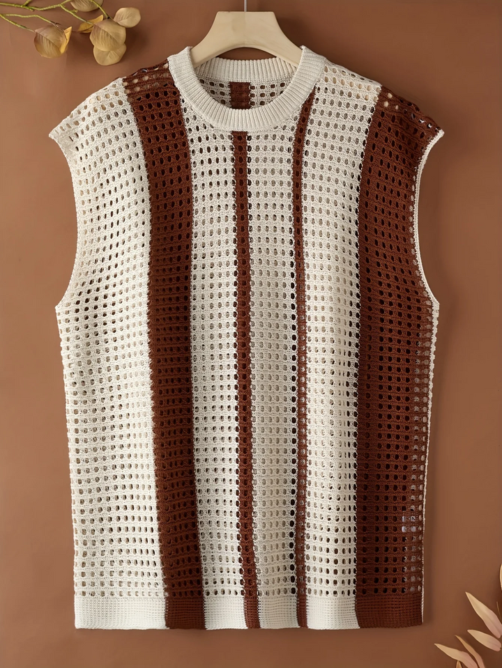 Men's Hollow Out Striped Knit Vest Loose Fit Sleeveless Sweater
