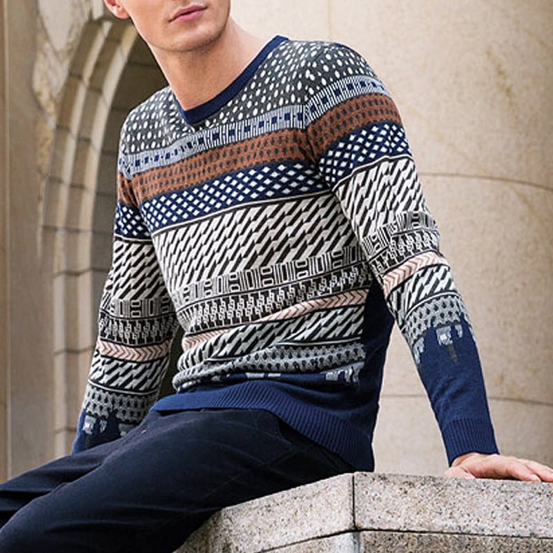 Men's jacquard crew neck jumper shown from the front
