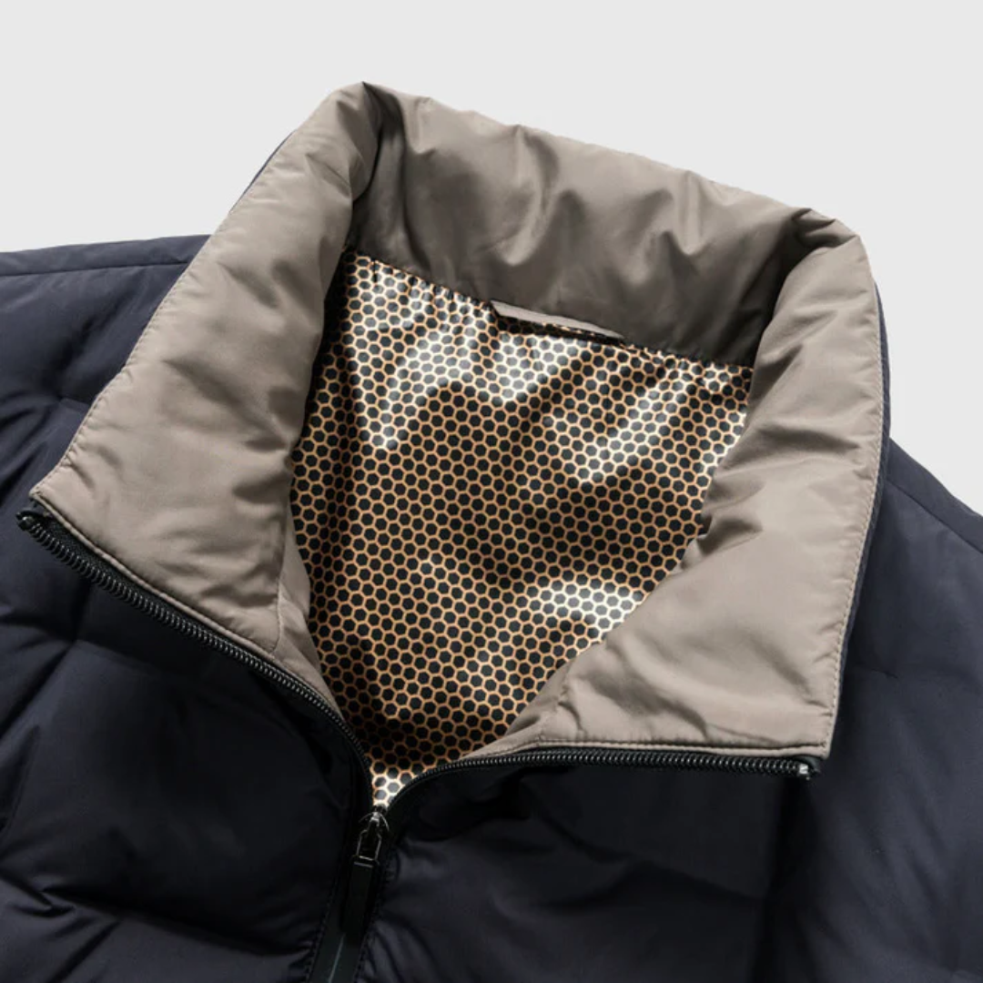 Close-up view of the pockets on a men's quilted jacket