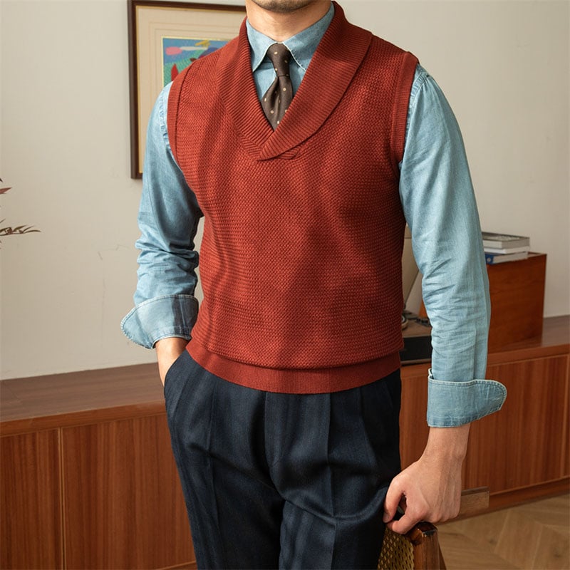 Men's Wool Knit V Neck Vest Solid Pattern
