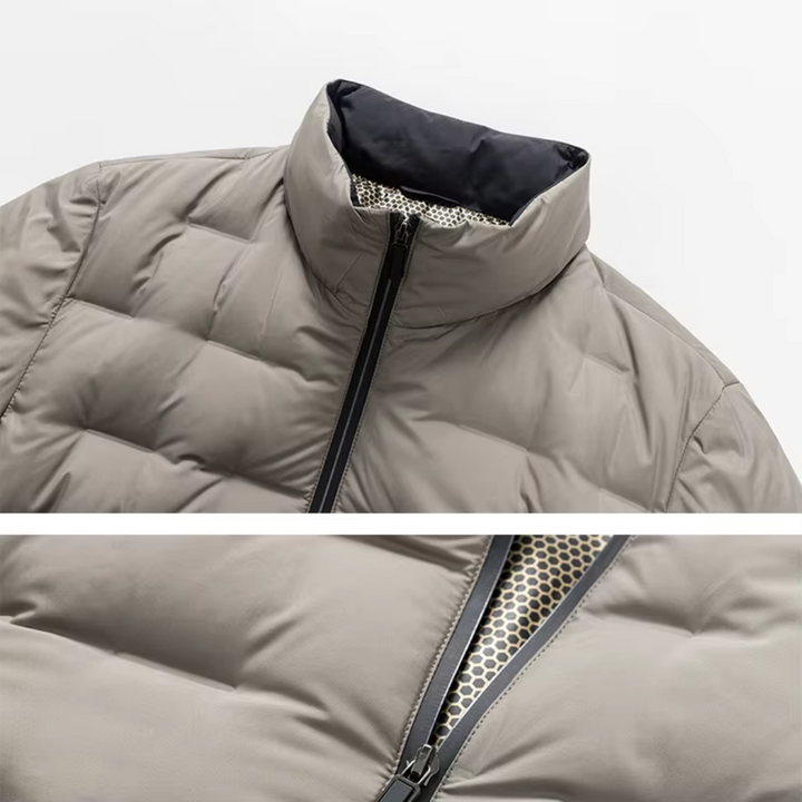 Men's jacket showing the front fastening and collar