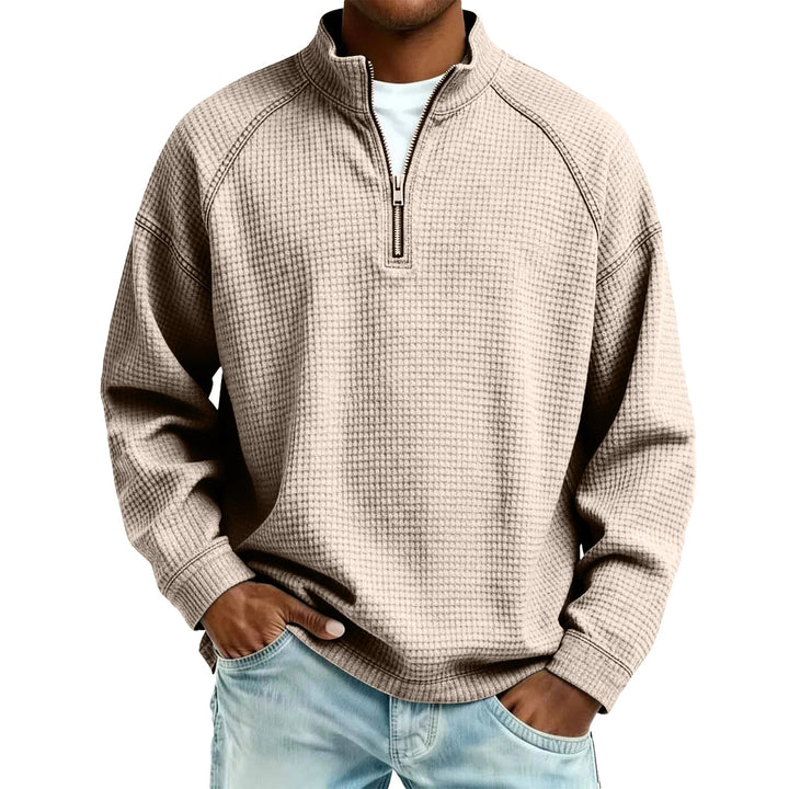 Men Waffle Knit Quarter Zip Pullover Loose Fit Casual Top