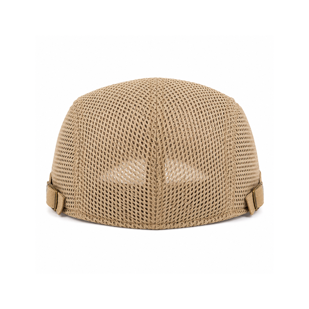Detail of the brim and mesh construction on men's flat cap