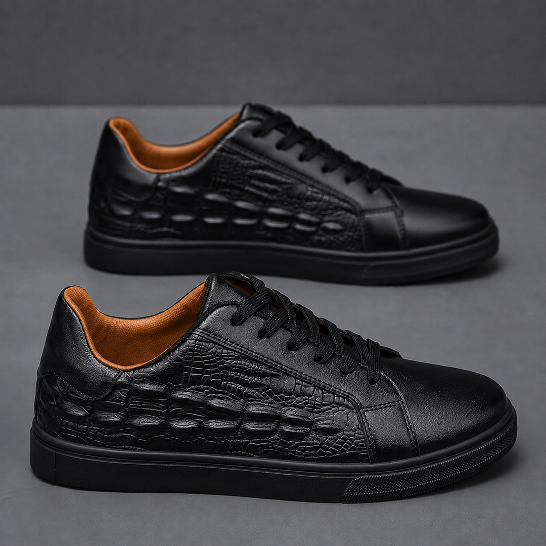 Side profile of a genuine leather men's sneaker with a court-inspired sole