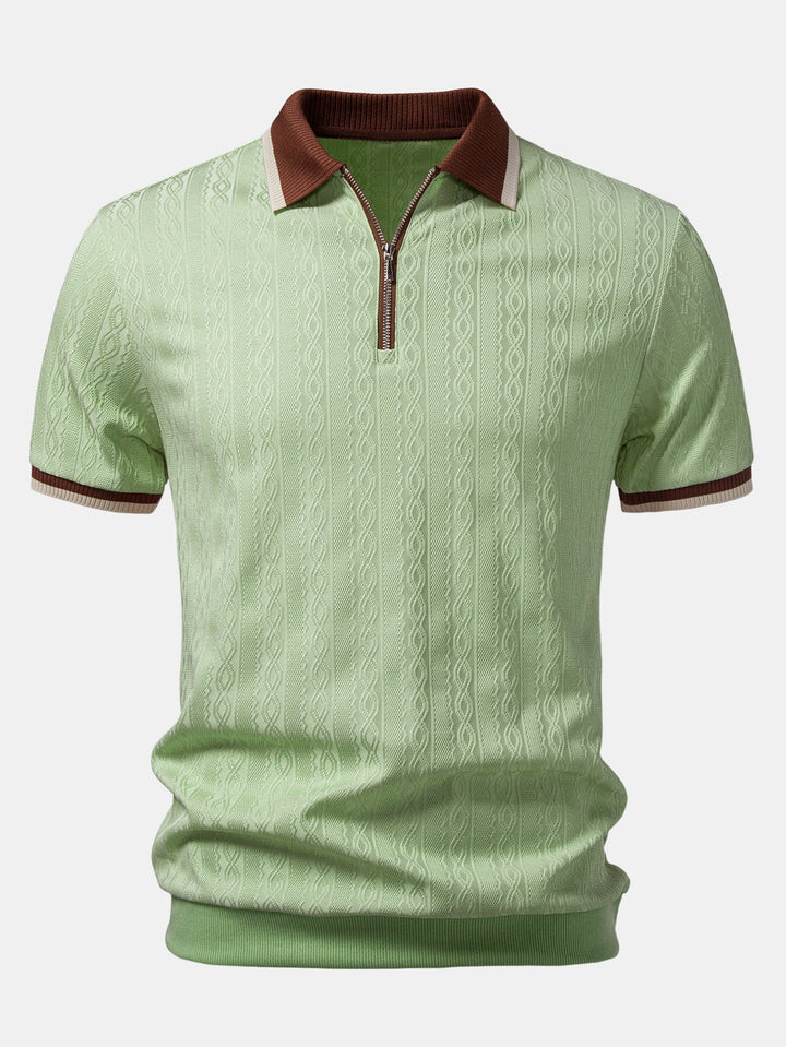 Close-up of ribbed collar and zip on men's knitted polo shirt