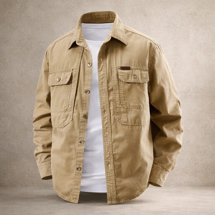 Back view of men's cotton overshirt with long sleeves and clean finish