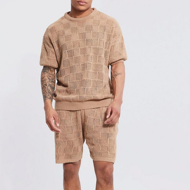 Front view of men's two-piece T-shirt set in a relaxed streetwear style