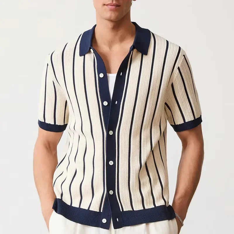 Men's Striped Knit Polo Shirt Patchwork Design White