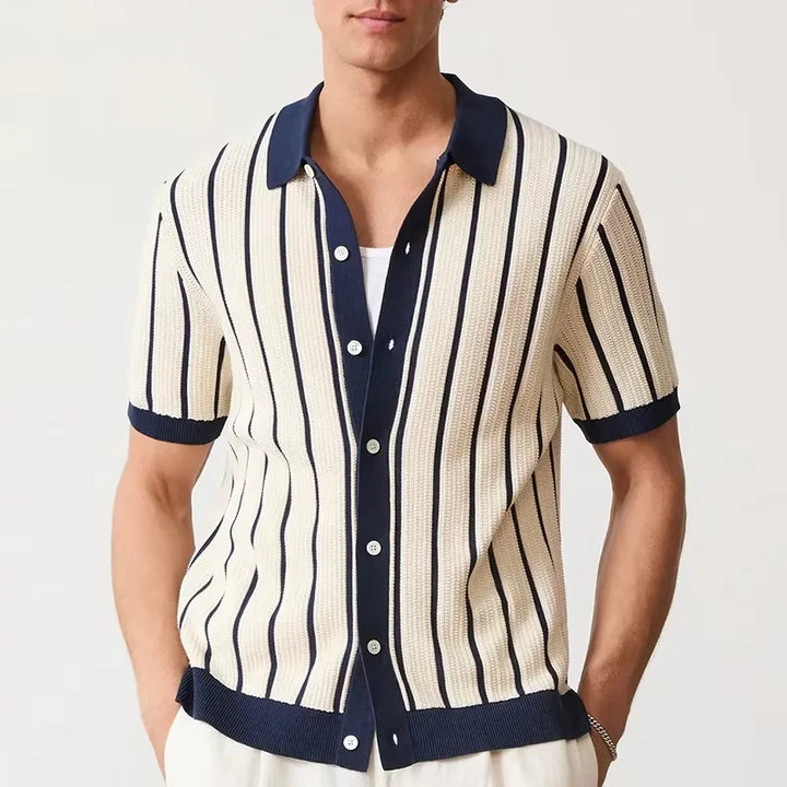 Men's Striped Knit Polo Shirt Patchwork Design White