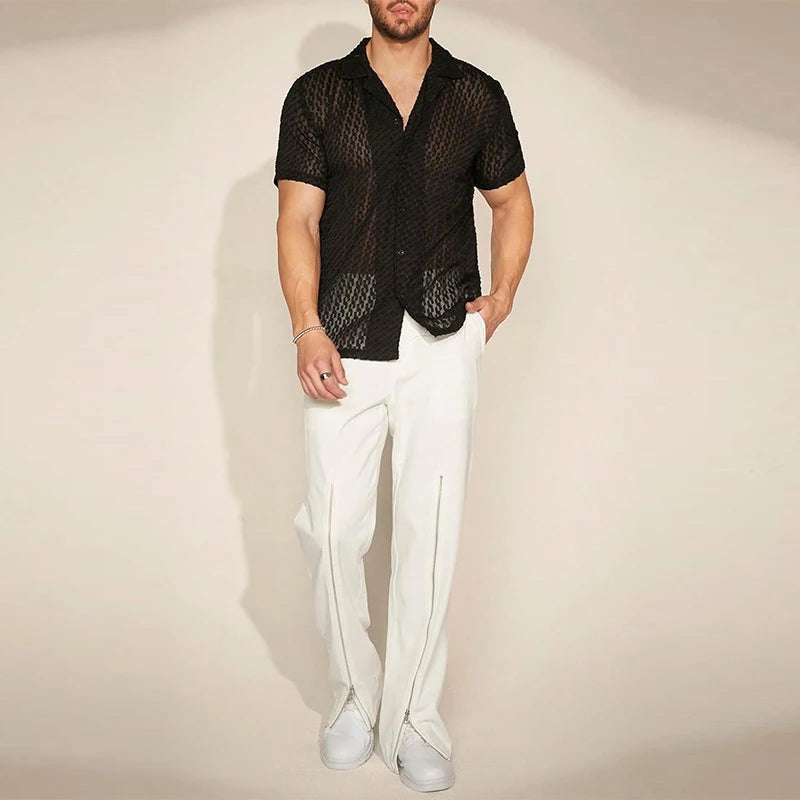 Men's Mesh Lace Short-Sleeve Button-Down Shirt Black Slim Fit