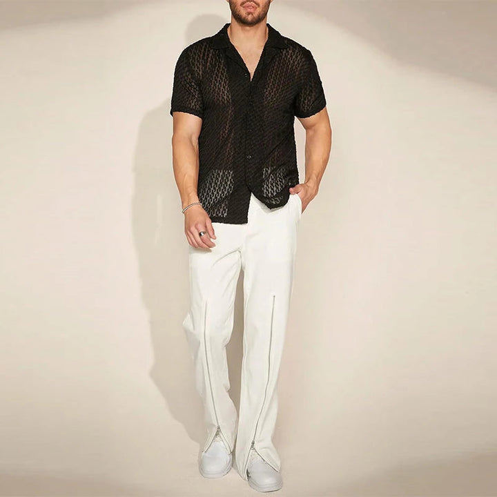 Men's Mesh Lace Short-Sleeve Button-Down Shirt Black Slim Fit