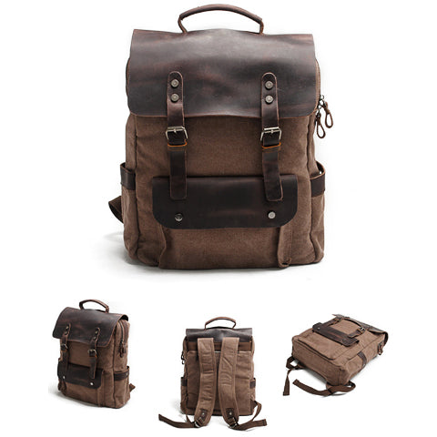 Vintage Canvas and Leather Backpack Khaki